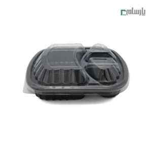 ظرف یکبار مصرف فانتزی سه خانه کد 603 آیاتای - مشکی-🍱 ظرف فانتزی سهخانه آیاتای مشکی | ظرف شیک برای غذای ترکیبی
