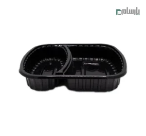 ظرف یکبار مصرف دو خانه مشکی کد 602 آیاتای – 🥡 مقاوم و مناسب حمل و بستهبندی غذا ✅