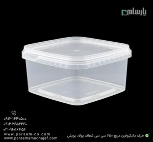 ظرف یکبار مصرف مایکروفری مربع 650 سی سی شفاف پولاد پویش – 🍱 ظرف مربع مایکروویوی ۶۵۰ سیسی | مقاوم و سبک-زاویه دیگر