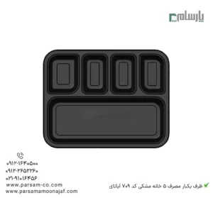 ظرف یکبار مصرف 5 خانه مشکی کد 709 آیاتای-🥡 مناسب برای پذیرایی غذاهای متنوع، مقاوم و باکیفیت-زاویه دیگر