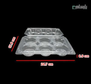 ظرف یکبار مصرف کاپ کیک 6 خانه مستطیل شفاف-پت-ابعاد