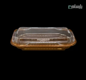 ظرف یکبار مصرف نفیس تک خانه مستطیل طلایی شفاف-پت