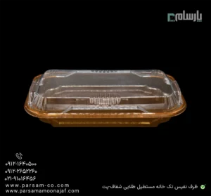 ظرف یکبار مصرف نفیس تک خانه مستطیل طلایی شفاف-پت-زاویه دیگر