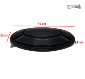 دیس یکبار مصرف چلوکبابی 4 خانه بیضی مشکی توسکا پلاستیک-ابعاد